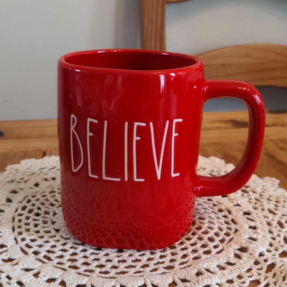 NWOT Rae Dunn by Magenta Red "BELIEVE" Mug